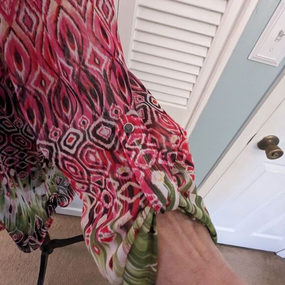 Glance Top Womens sz XL Multi Geometric Pattern Sheer Tunic TabSleeve Pink Green - Picture 5 of 9